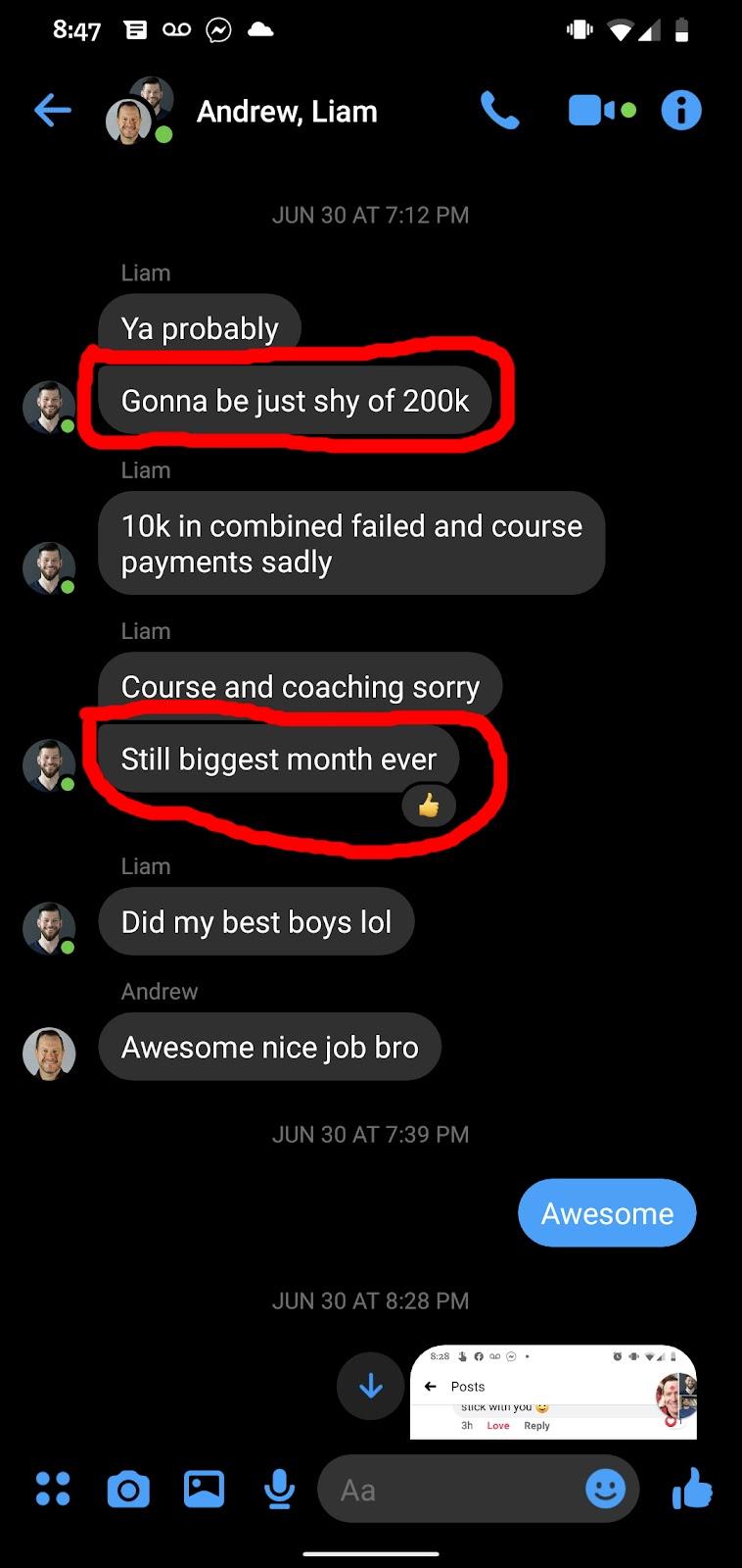 Messenger conversation showing just shy of 200K in revenue - biggest month ever