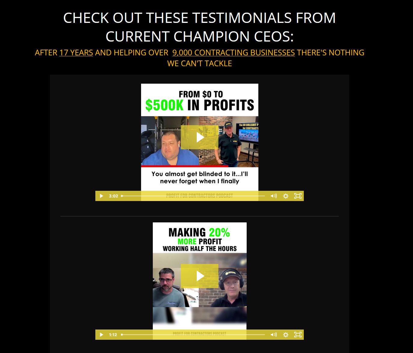 Client testimonials and case study examples from Profit For Contractors