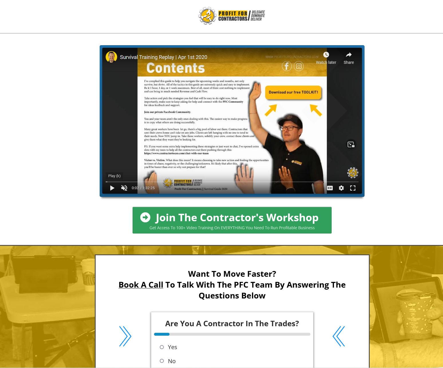 ClickFunnels webinar replay page with Join The Contractor's Workshop CTA and Calibration Call booking form